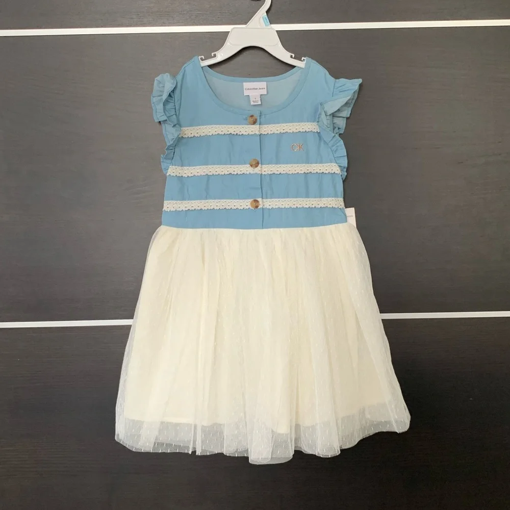 Calvin Klein Girls Denim and Tulle Dress